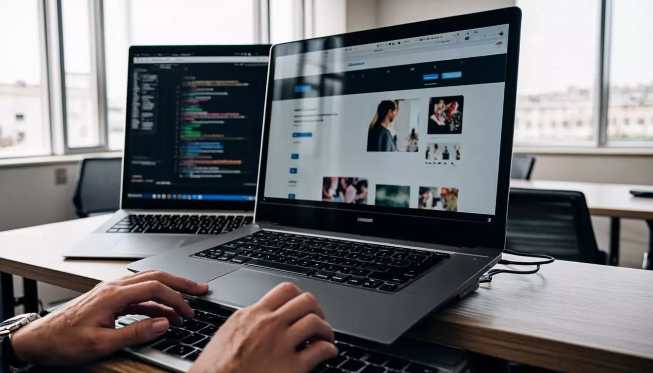 Laptop showing code editor alongside a polished website preview, web developer workspace